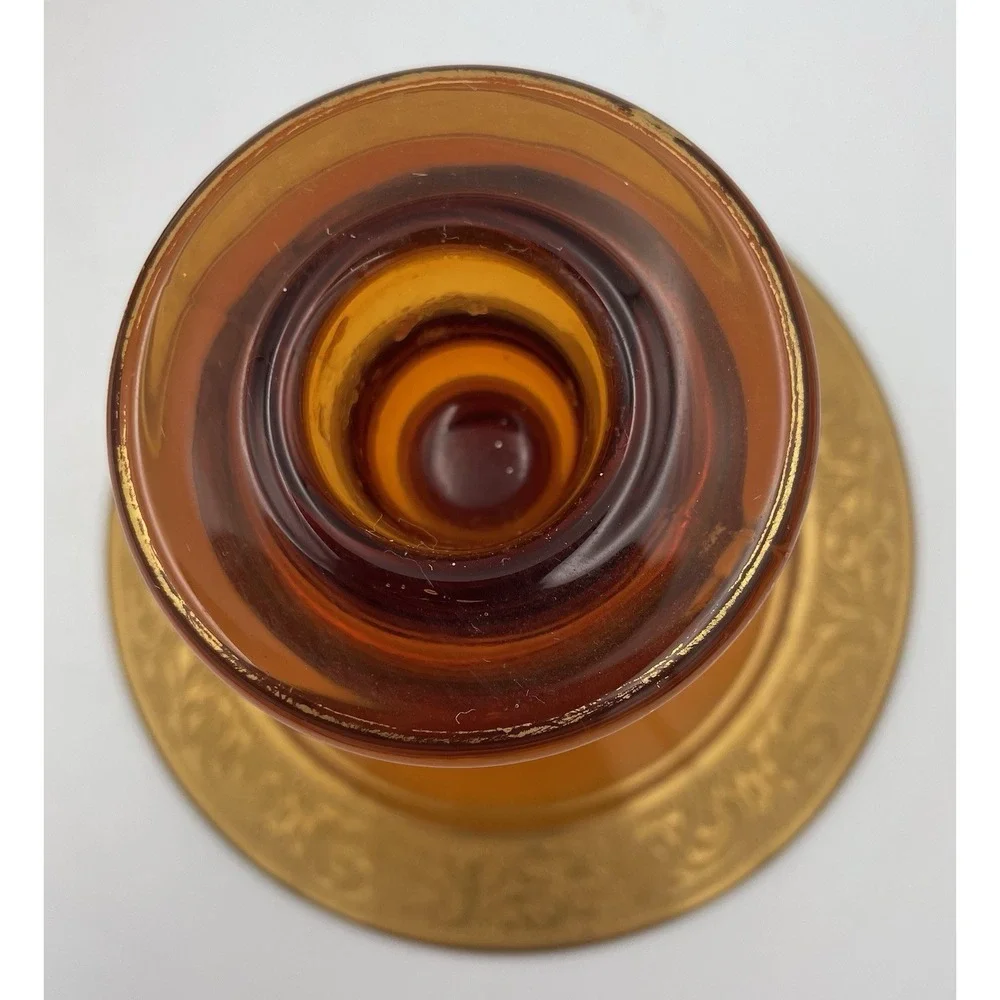 Vtg. Amber Glass Candle Holders Candlestick Pair Gold Encrusted Base Trim 1920's